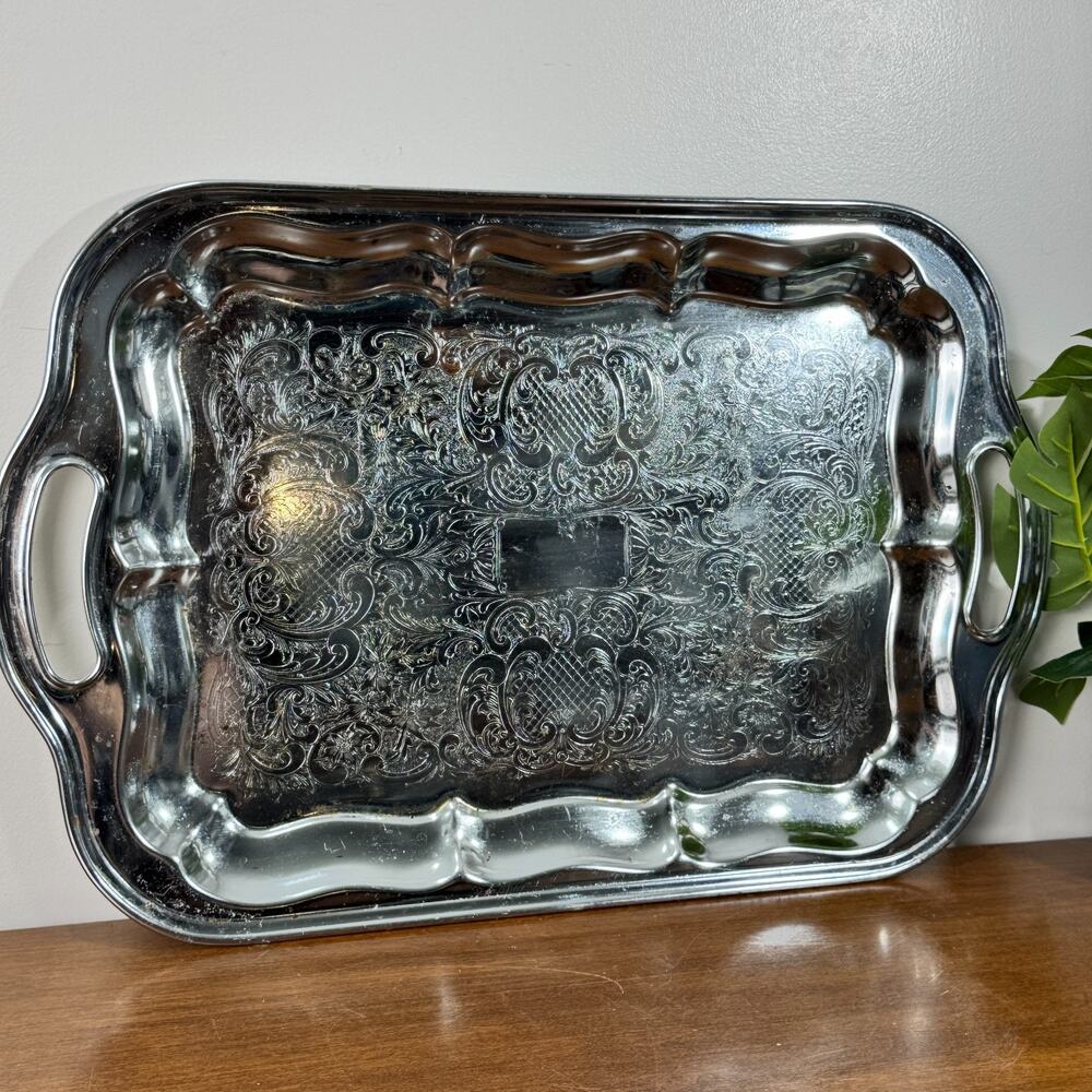 Vintage Irvinware Engraved Chrome Serving Tray Mid Century Art Deco Made in USA